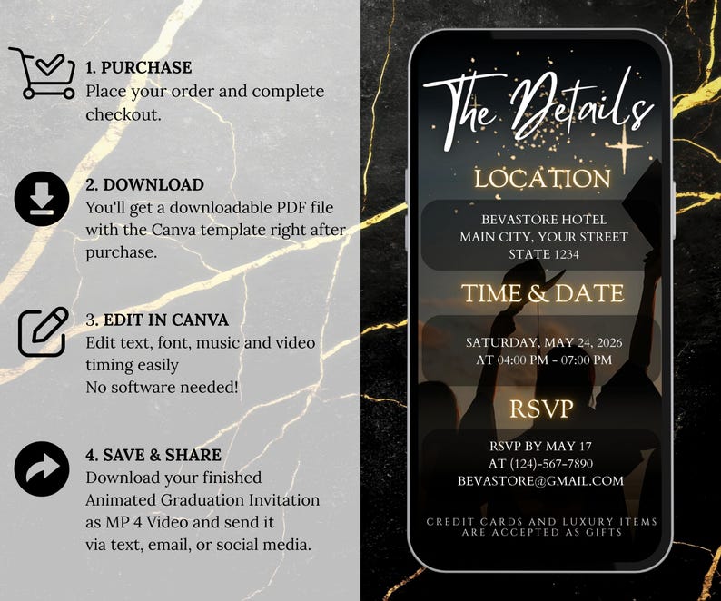 Digital She Did It Graduation Party Animated Video Invitation, Neon Gold Grad Announcement Class of 2026, Editable Canva Template for Her image 5