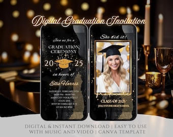 Class of 2026 Graduation Ceremony Invite Video, Black Gold Luxury Template, Editable Canva Mobile Invitation with Photo, Elegant Grad Party