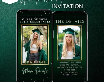 Emerald Green Graduation Party Invitation Video Canva Template, Gold Sparkle Graduation Announcement Class of 2026, Luxury Modern Grad Evite