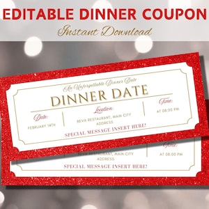 Voucher para jantar romântico vermelho, modelo de cupom de presente de dia dos namorados, cartão-presente editável para impressão, convite para noite de encontro, cupom de dia dos namorados