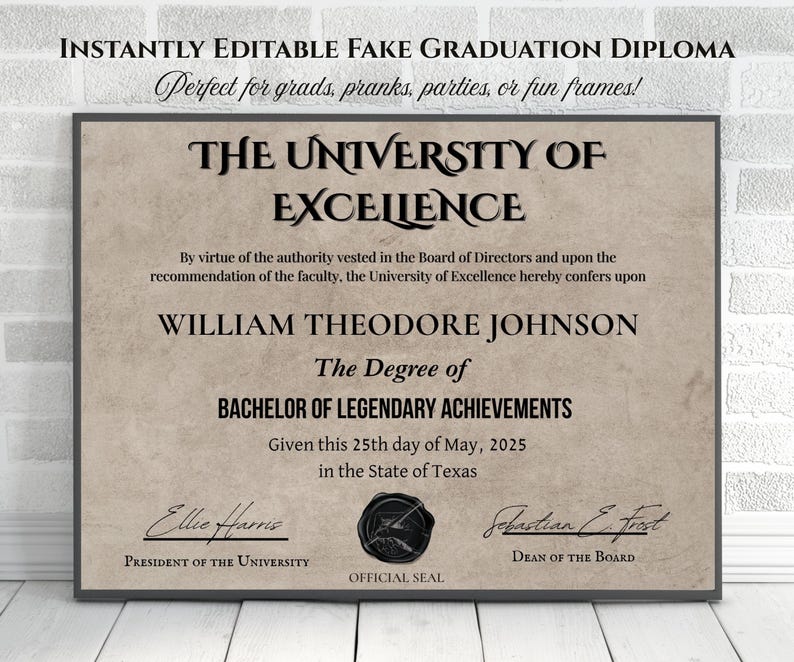 Editable Fake Graduation Diploma Template, Funny Custom Printable ...