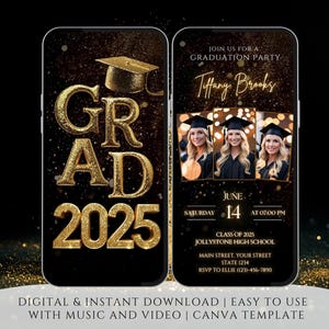 Invitation vidéo de remise des diplômes 2025, modèle modifiable de toile de paillettes d'or, invitation de fête numérique luxueuse pour les diplômés du secondaire ou de l'université