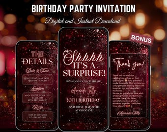 Luxury Digital Burgundy Birthday Invitation Template, Editable Surprise Birthday Mobile Invite, Instant Download, Glamorous Adult Birthday