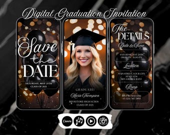 Luxurious Digital Black Graduation Party Video Invitation, Glamorous Save The Date Grad Announcement, Instant Download Modern Class of 2026