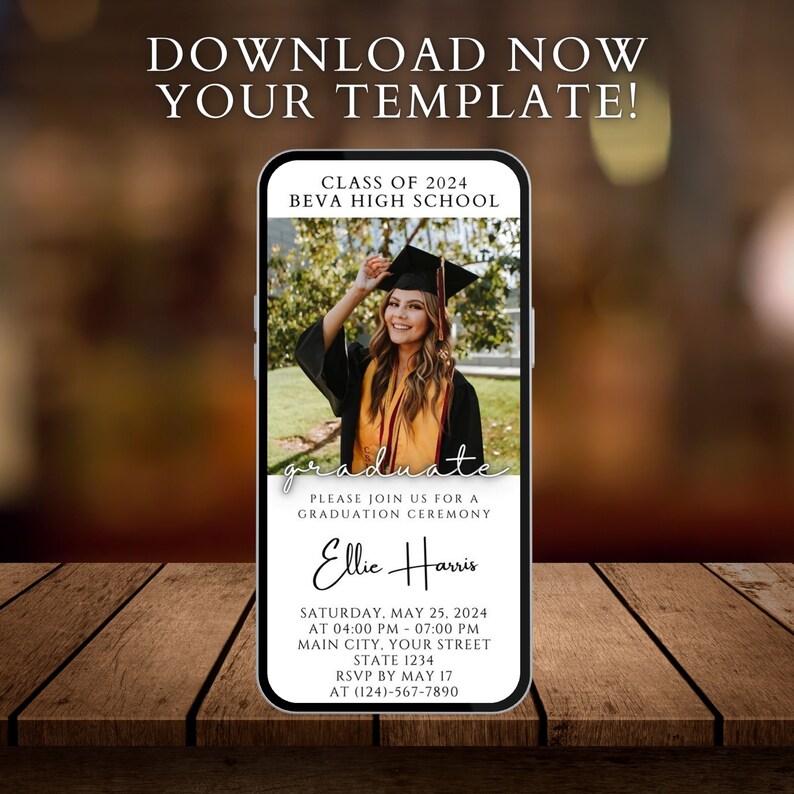 May include: A smartphone screen displaying a graduation invitation for Ellie Harris. The invitation includes the date, time, and location of the graduation ceremony. The invitation also includes a photo of Ellie Harris in her graduation cap and gown.