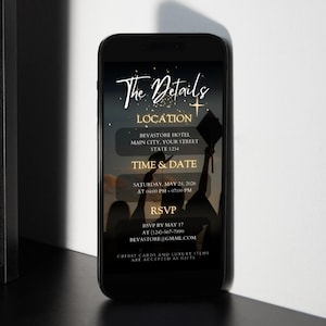 May include: A smartphone displays a graduation announcement with the text "The Details." The announcement includes the location, time, date, and RSVP information. The background features silhouettes of graduates and a sunset.