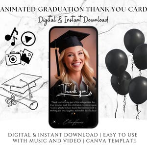 Plantilla animada de agradecimiento de graduación moderna, descarga digital editable, clase de lujo de 2025, plantilla de Canva, agradecimiento para fiesta de graduación (DIY)