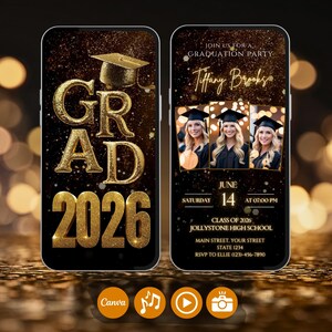 Neon Gold Glitter Photo Collage Graduation Video Invitation 2027, Digital Luxury Grad Invite, Animated Senior Grad Canva Evite image 1