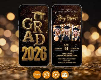 Neon Gold Glitter Photo Collage Graduation Video Invitation 2027, Digital Luxury Grad Invite, Animated Senior Grad Canva Evite