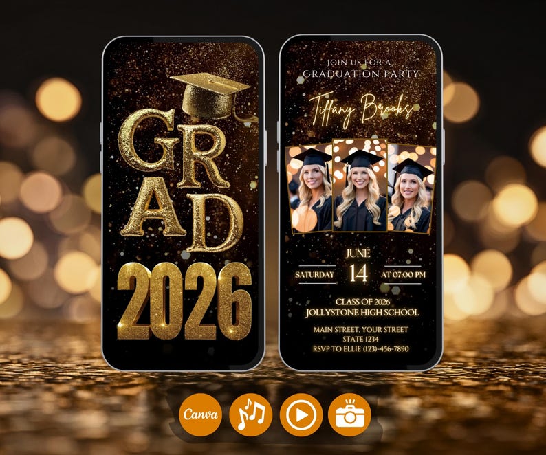 Neon Gold Glitter Photo Collage Graduation Video Invitation 2027, Digital Luxury Grad Invite, Animated Senior Grad Canva Evite image 1
