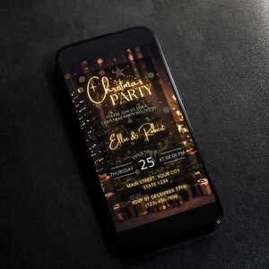 May include: A smartphone displays a Christmas party invitation. The design features gold text that reads "Christmas PARTY" and "Ellie & Robert." The invitation includes the date, time, and RSVP information, with a Christmas tree and gifts in the background.