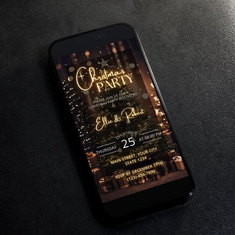 May include: A smartphone displays a Christmas party invitation. The design features gold text that reads "Christmas PARTY" and "Ellie & Robert." The invitation includes the date, time, and RSVP information, with a Christmas tree and gifts in the background.