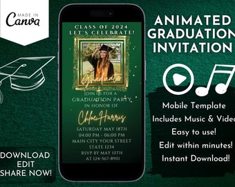 Invitación en video de graduación 2026, invitación animada verde y dorada, plantilla para celebración de clase, descarga digital compatible con dispositivos móviles, editable en Canva.