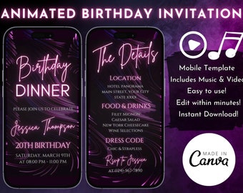 Digital Pink Animated Video Birthday Dinner Invitation, Editable Template, Instant Download, Electronic Mobile Party Invitation for Her