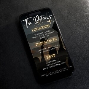 May include: A smartphone displays an invitation with the text "The Details." The invitation includes the location, time, date, and RSVP information. The background features a silhouette of people and a cross.