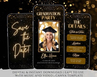 May include: A black and gold graduation party invitation featuring a photograph of a graduate wearing a cap and gown. The invitation includes the text "Save the Date!" and "Graduation Party". The party details are listed on a separate card, including the date, time, location, and RSVP information.