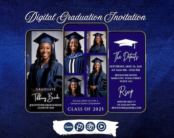 Navy Blue Graduation Invitation Video, Photo Collage, Class of 2026 (Digital Download)