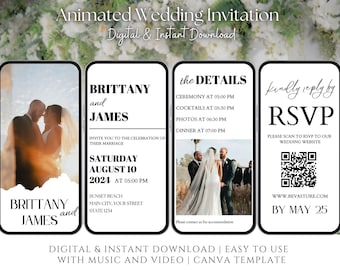 Invitación de boda elegante en blanco y negro, plantilla moderna de Canva (descarga digital)