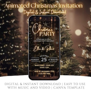 May include: A smartphone displays a digital Christmas party invitation against a backdrop of blurred Christmas trees. The invitation features gold text that reads "Christmas Party" and includes event details, names, and a RSVP date.