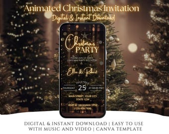 May include: A smartphone displays a digital Christmas party invitation against a backdrop of blurred Christmas trees. The invitation features gold text that reads "Christmas Party" and includes event details, names, and a RSVP date.