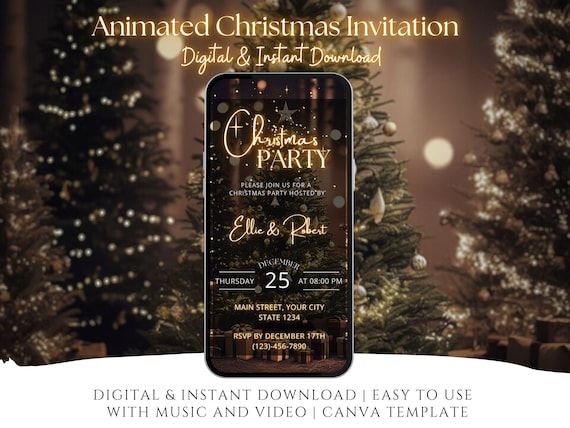Minimalist Gold Christmas Party Invitation, Elegant Animated Holiday Video Template, Digital Canva Design, Modern Festive Winter Celebration