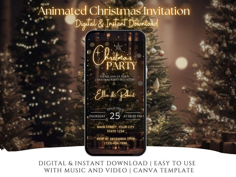 May include: A smartphone displays a digital Christmas party invitation against a backdrop of blurred Christmas trees. The invitation features gold text that reads "Christmas Party" and includes event details, names, and a RSVP date.