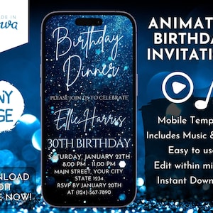 Invitación a una cena de cumpleaños animada en formato digital azul, plantilla editable, descarga instantánea, texto Evite, invitación electrónica para fiesta móvil