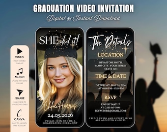 Digital She Did It Graduation Party Animated Video Invitation, Neon Gold Grad Announcement Class of 2026, Editable Canva Template for Her