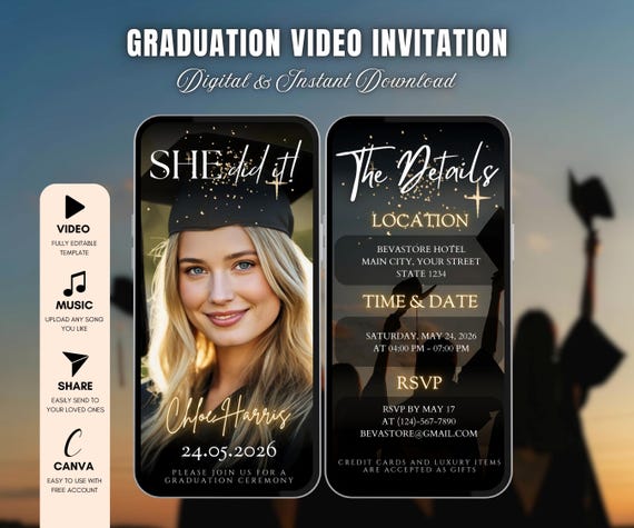 Digital She Did It Graduation Party Animated Video Invitation, Neon Gold Grad Announcement Class of 2026, Editable Canva Template for Her