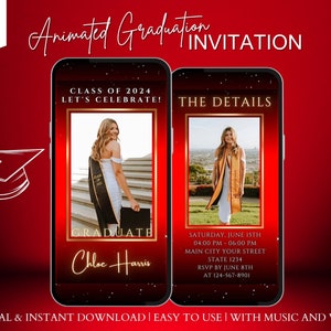 2025 Red Graduation Digital Invitation Animated, Graduation Party, Graduation Announcement, College Graduation, High School Grad Text Evite
