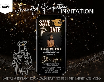 Graduation Video Invitation 2026, Animated Luxury Invite, Black Gold Glitter Design, Elegant Script Photo Layout, Digital Download Template