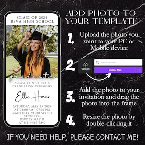 May include: A graduation announcement template with a photo placeholder. The template is black with white text and a pink and purple accent color. The text reads "Class of 2024 Beva High School" and "Graduate". The template also includes the graduate's name, the date and time of the graduation ceremony, and the RSVP information.