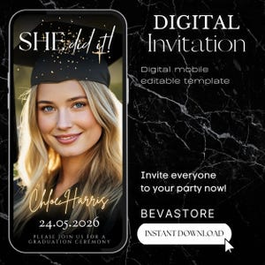 Digital She Did It Graduation Party Animated Video Invitation, Neon Gold Grad Announcement Class of 2026, Editable Canva Template for Her image 2