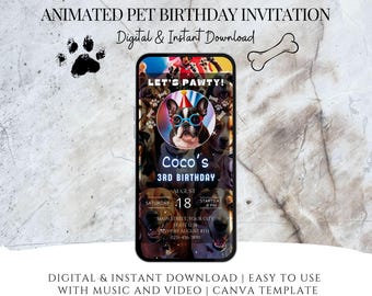 Animated Pet Birthday Invitation, Funny Dog Party, Editable Canva Template (Digital Download)