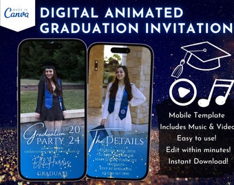Navy & Gold Graduation Animated Invitation, Editable Canva Template (Digital Download)
