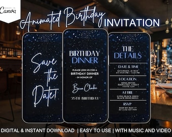 Pode incluir: Três cartões de convite digitais azuis e pretos com fundo brilhante. O primeiro cartão diz "Save the Date!" O segundo cartão diz "Birthday Dinner" e inclui o nome "Beva Clarke" e o texto "25th Birthday". O terceiro cartão diz "The Details" e inclui a data, hora, local, traje e informações de RSVP.