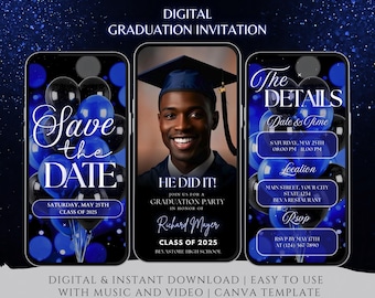 Digitale Glam Navy-uitnodiging afstuderen feest, College Grad-feestaankondiging, klasse van 2026 blauwe afstuderen video-uitnodiging, Save the Date