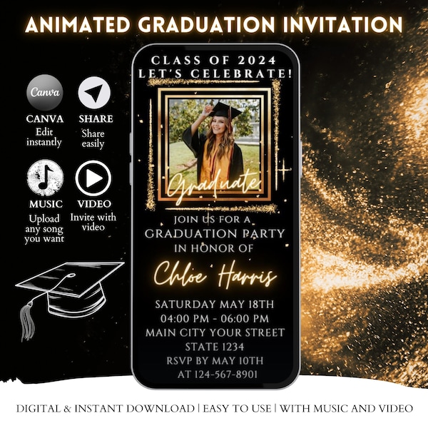 2024 Digital Animated Graduation Party Video Invitation Template, College Graduation Announcement, Mobile High School Graduation Text Invite