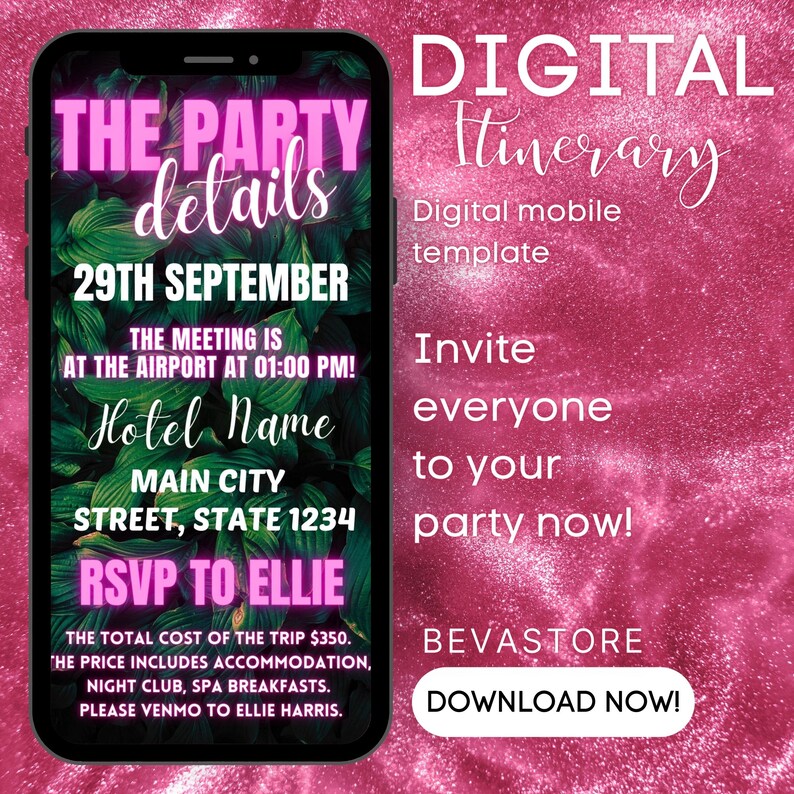 Digital Birthday Weekend Itinerary Invitation, Pink Itinerary Template, Electronic Floral Itinerary Schedule, Travel Itinerary, Girls Trip image 2