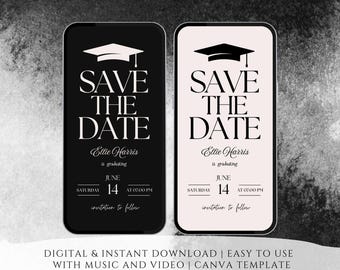 Afstuderen Save The Date-video 2026, zwart-wit minimaal thema, dubbele ontwerpoptie, geanimeerde mobiele uitnodiging, Canva-sjabloon, Instant Download