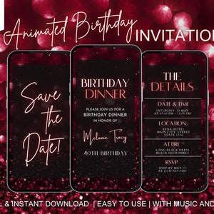 May include: A digital invitation for a 40th birthday dinner. The invitation is designed with a black background and red glitter. The text on the invitation reads "Save the Date!" "Birthday Dinner" and "The Details".