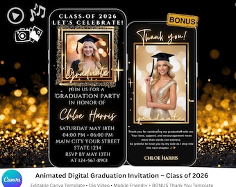 Luxurious Digital Graduation Party Animated Video Invitation Class of 2026, High School Graduation Announcement, Glam College Grad Invite