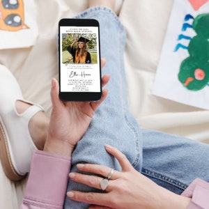 May include: A graduation invitation on a smartphone screen. The invitation is for Ellie Harris, Class of 2024, Beva High School. The invitation includes a photo of the graduate in a cap and gown, the date and time of the graduation ceremony, and the location. RSVP by May 17th.