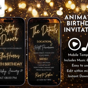 Digital Gold Animated Video Birthday Dinner Invitation, Editable Template, Instant Download, Text Evite, Electronic Mobile Party Invitation