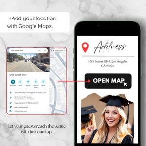 May include: A smartphone screen displays a map and address details for 1285 Sunset Blvd, Los Angeles, CA 90026. The screen shows a map with directions and an "Open Map" button, along with a photo of a graduate.