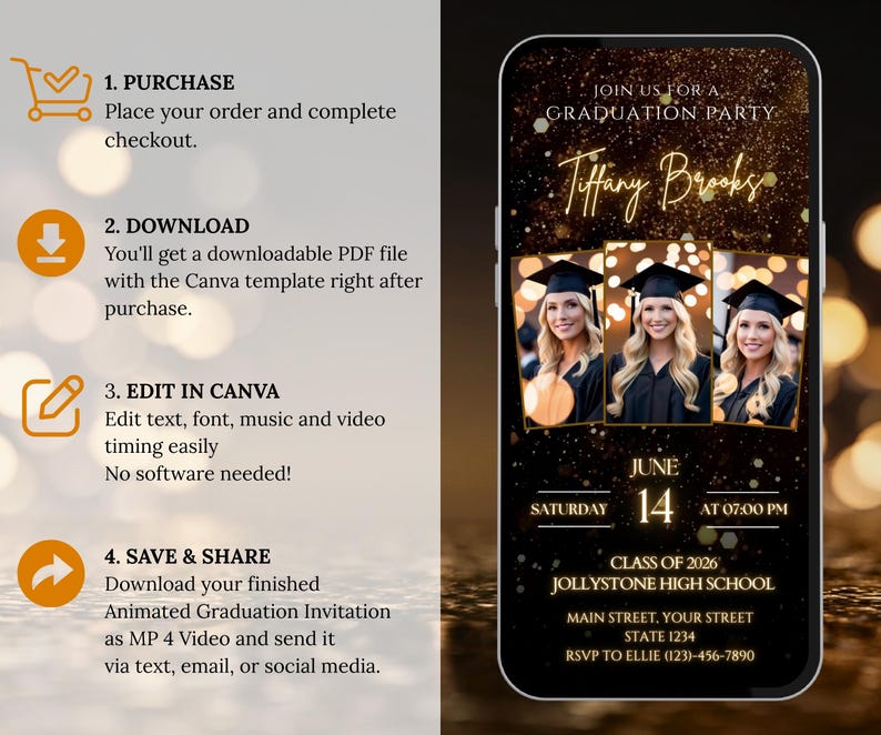 Neon Gold Glitter Photo Collage Graduation Video Invitation 2027, Digital Luxury Grad Invite, Animated Senior Grad Canva Evite image 5