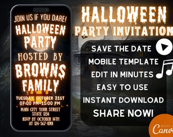 May include: A Halloween party invitation with a spooky house and a full moon. The text reads "Join us if you dare! Halloween Party Hosted by Browns Family" and includes the date, time, and RSVP information. The invitation also includes the text "Save the Date, Mobile Template, Edit in Minutes, Easy to Use, Instant Download, Share Now!" and a logo for Canva.