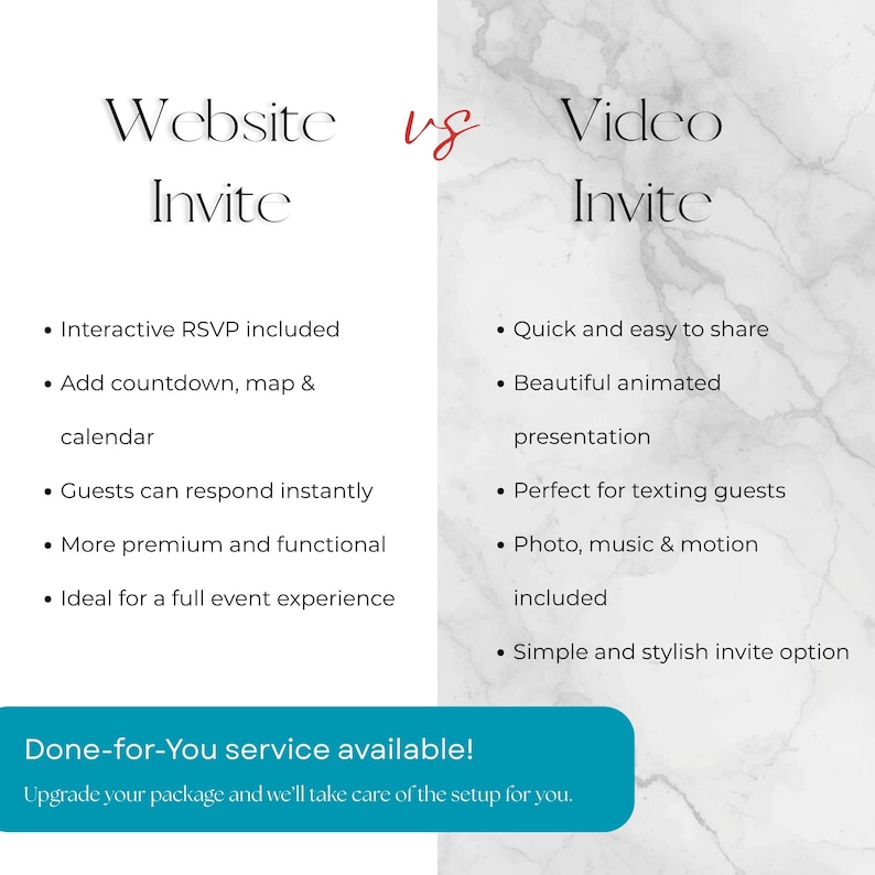 May include: A comparison chart titled "Website Invite" versus "Video Invite" with bullet points detailing features. The chart includes the text "Done-for-You service available!" in a teal box at the bottom.
