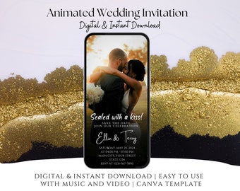 Elegant Animated Wedding Invitation, Black and Gold Design (Digital Template)