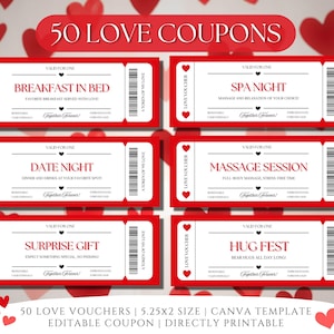 50 coupons d'amour pour les couples, bons romantiques modifiables, cadeau de Saint-Valentin pour lui ou elle, modèle de toile imprimable, bricolage instantané